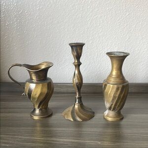 Brass Pitcher, Candlestick Holder & Vase Set